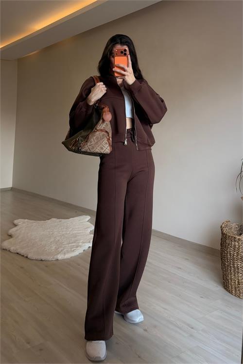 Dipmoda kadın fermuarlı oversize sweat ve yüksek bel eşofman takımı NM018