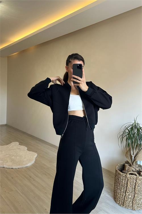 Dipmoda kadın fermuarlı oversize sweat ve yüksek bel eşofman takımı NM018