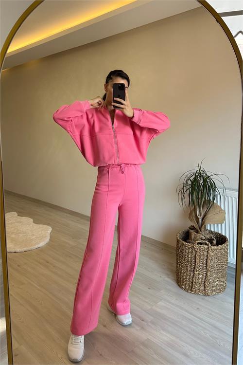 Dipmoda kadın fermuarlı oversize sweat ve yüksek bel eşofman takımı NM018