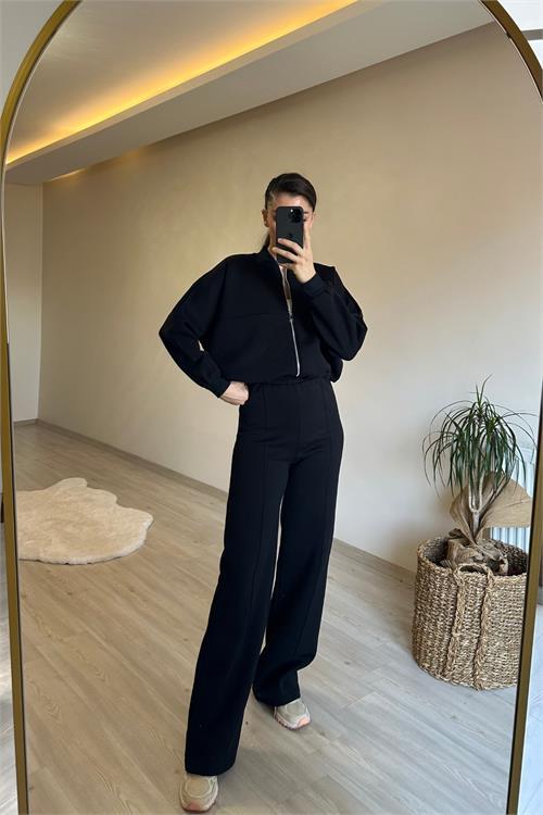 Dipmoda kadın fermuarlı oversize sweat ve yüksek bel eşofman takımı NM018