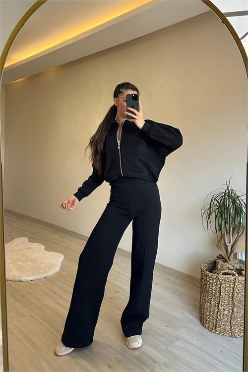 Dipmoda kadın fermuarlı oversize sweat ve yüksek bel eşofman takımı NM018