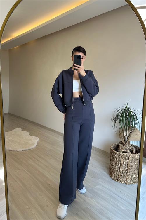 Dipmoda kadın fermuarlı oversize sweat ve yüksek bel eşofman takımı NM018