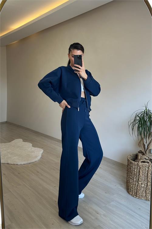 Dipmoda kadın fermuarlı oversize sweat ve yüksek bel eşofman takımı NM018