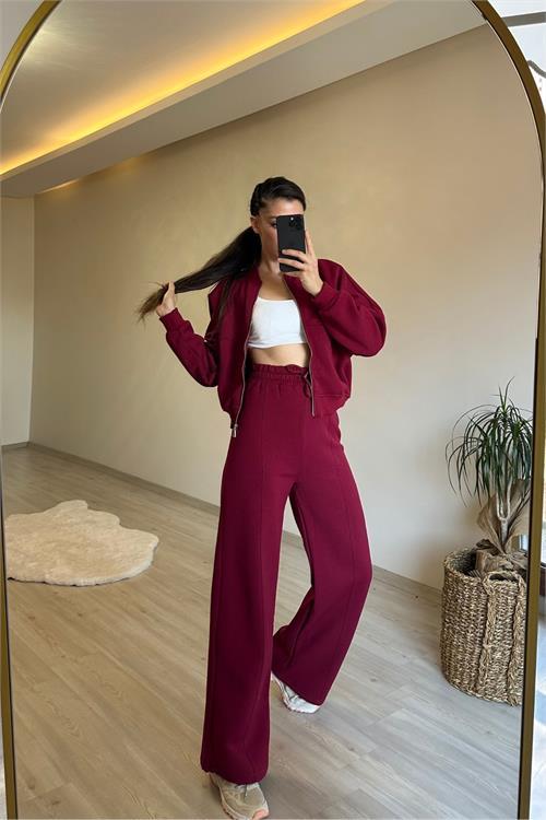 Dipmoda kadın fermuarlı oversize sweat ve yüksek bel eşofman takımı NM018