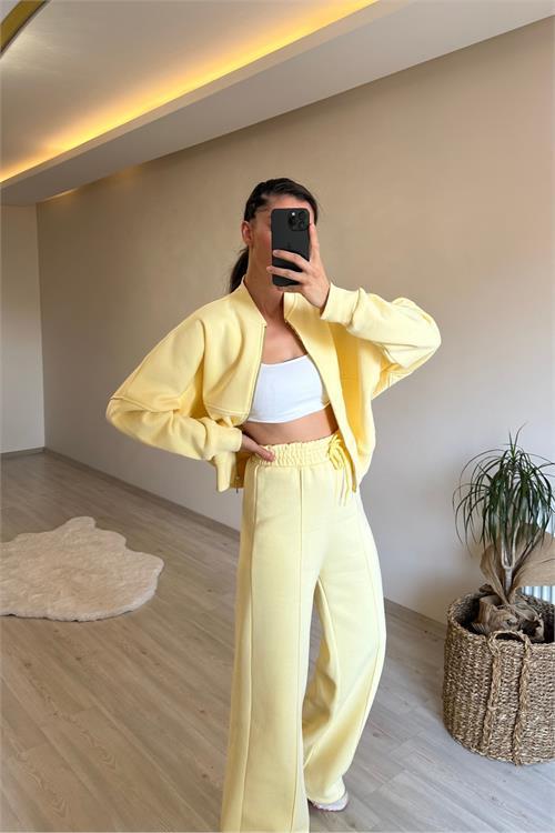 Dipmoda kadın fermuarlı oversize sweat ve yüksek bel eşofman takımı NM018