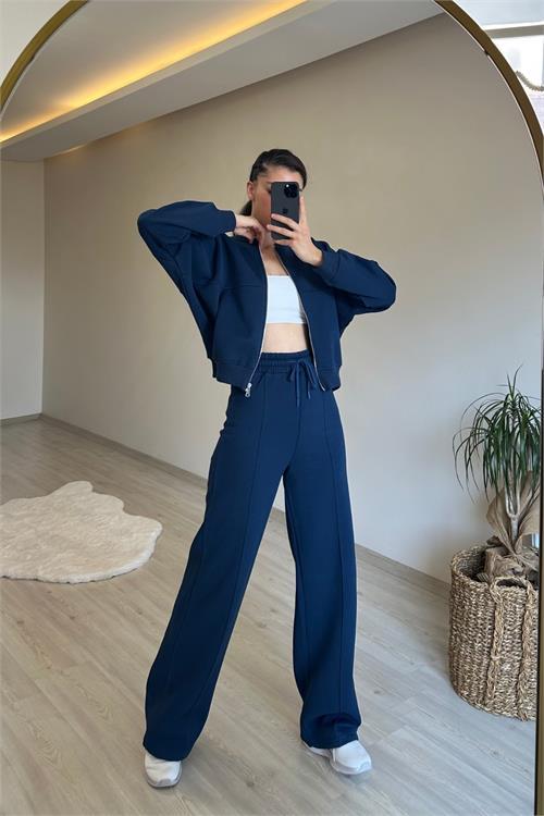 Dipmoda kadın fermuarlı oversize sweat ve yüksek bel eşofman takımı NM018