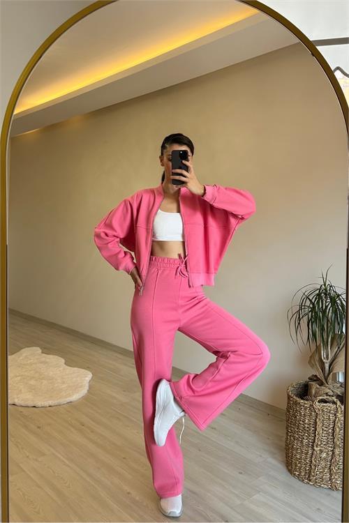 Dipmoda kadın fermuarlı oversize sweat ve yüksek bel eşofman takımı NM018