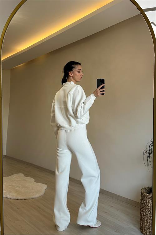 Dipmoda kadın fermuarlı oversize sweat ve yüksek bel eşofman takımı NM018