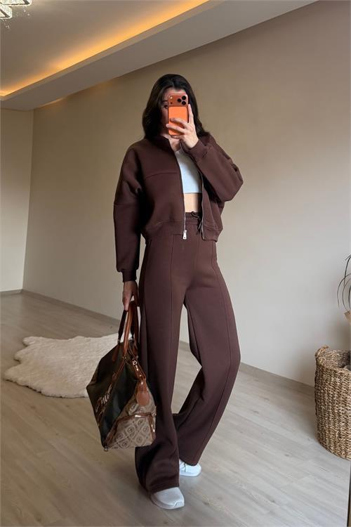 Dipmoda kadın fermuarlı oversize sweat ve yüksek bel eşofman takımı NM018