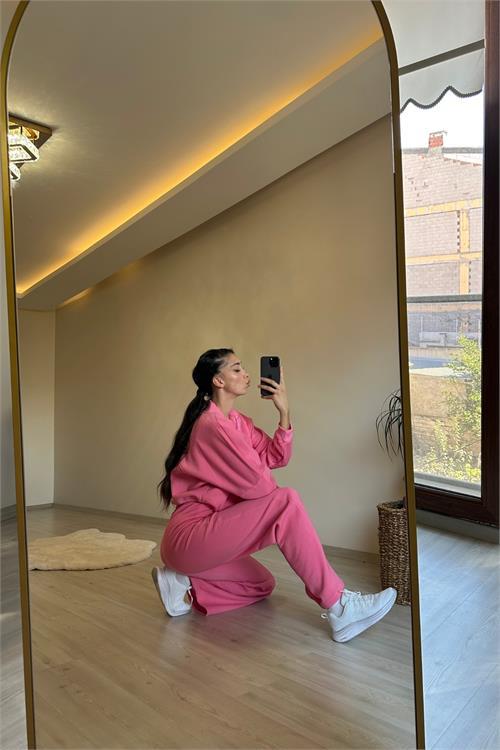 Dipmoda kadın fermuarlı oversize sweat ve yüksek bel eşofman takımı NM018
