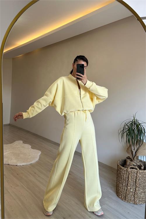 Dipmoda kadın fermuarlı oversize sweat ve yüksek bel eşofman takımı NM018