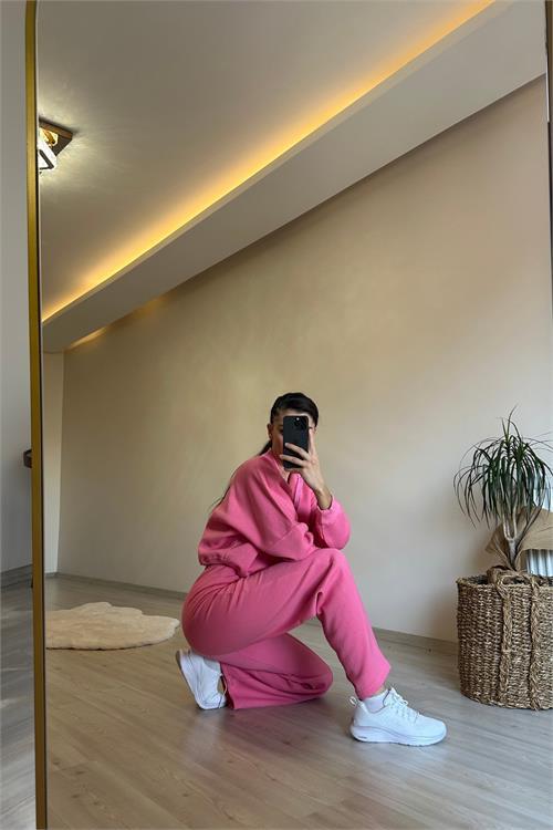 Dipmoda kadın fermuarlı oversize sweat ve yüksek bel eşofman takımı NM018