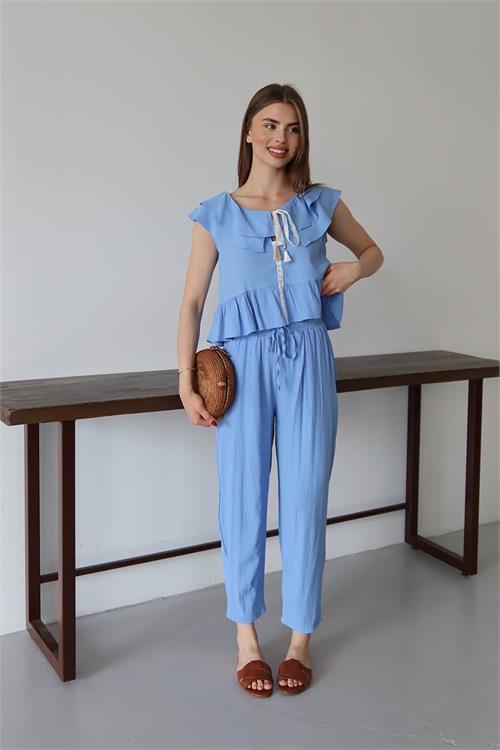 Dipmoda kadın fırfırlı gofre kumaş ikili takım DPNP012