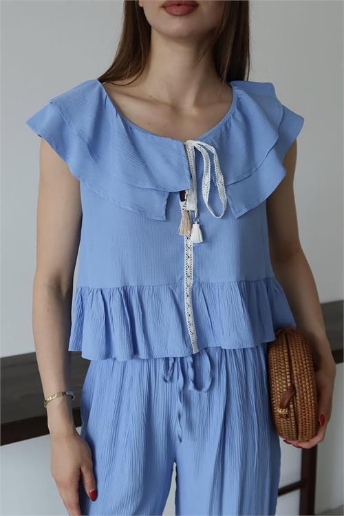 Dipmoda kadın fırfırlı gofre kumaş ikili takım DPNP012