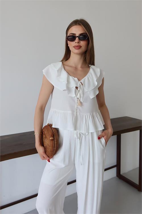Dipmoda kadın fırfırlı gofre kumaş ikili takım DPNP012