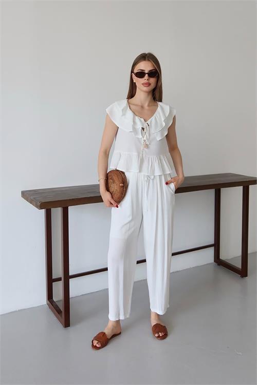 Dipmoda kadın fırfırlı gofre kumaş ikili takım DPNP012