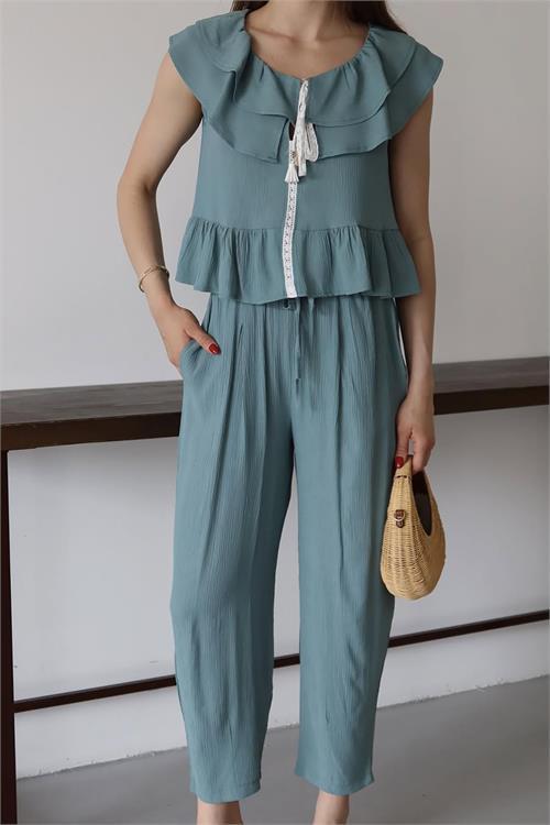 Dipmoda kadın fırfırlı gofre kumaş ikili takım DPNP012