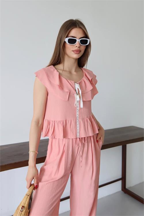 Dipmoda kadın fırfırlı gofre kumaş ikili takım DPNP012