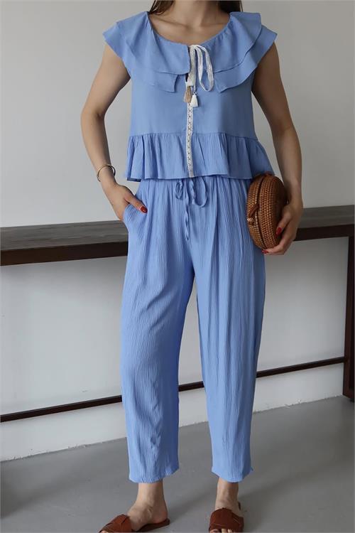 Dipmoda kadın fırfırlı gofre kumaş ikili takım DPNP012