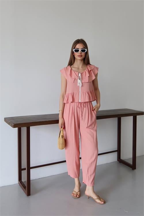 Dipmoda kadın fırfırlı gofre kumaş ikili takım DPNP012