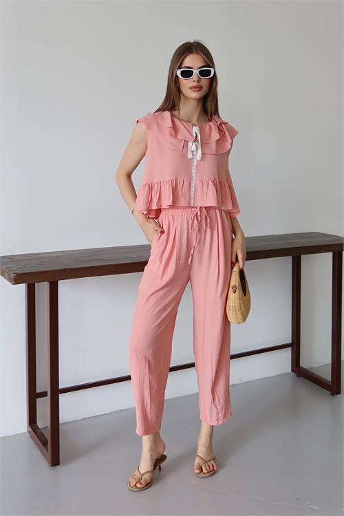 Dipmoda kadın fırfırlı gofre kumaş ikili takım DPNP012