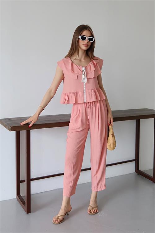 Dipmoda kadın fırfırlı gofre kumaş ikili takım DPNP012