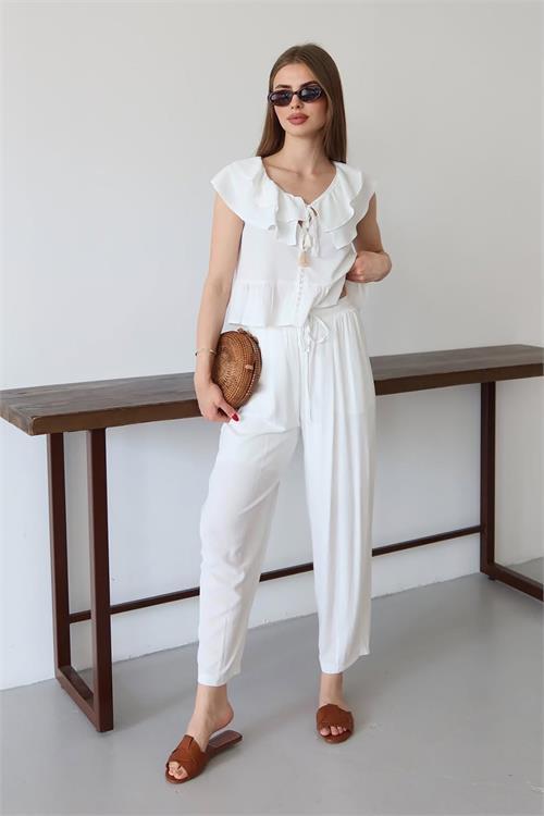 Dipmoda kadın fırfırlı gofre kumaş ikili takım DPNP012