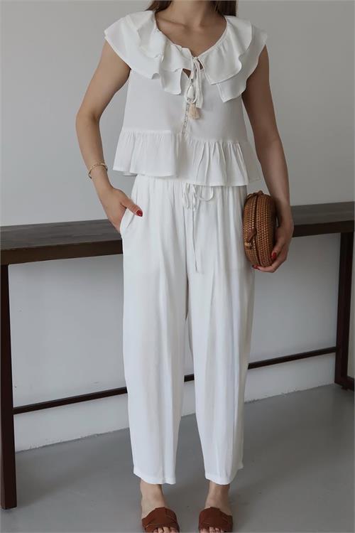 Dipmoda kadın fırfırlı gofre kumaş ikili takım DPNP012