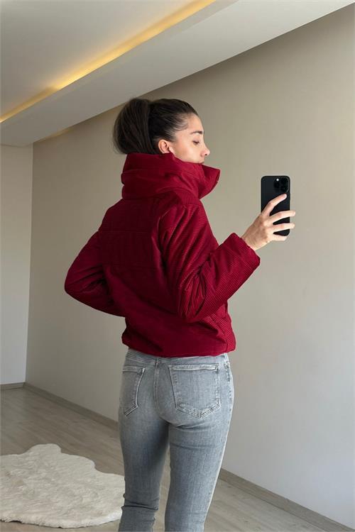 Dipmoda kadın fitilli desen kadife kısa şişme mont NM005