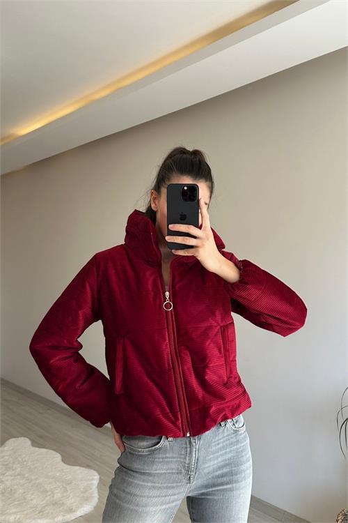 Dipmoda kadın fitilli desen kadife kısa şişme mont NM005