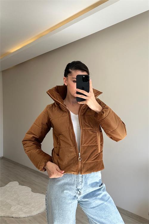 Dipmoda kadın fitilli desen kadife kısa şişme mont NM005