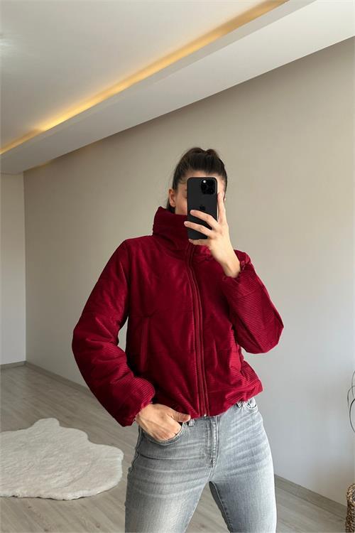 Dipmoda kadın fitilli desen kadife kısa şişme mont NM005