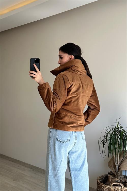 Dipmoda kadın fitilli desen kadife kısa şişme mont NM005