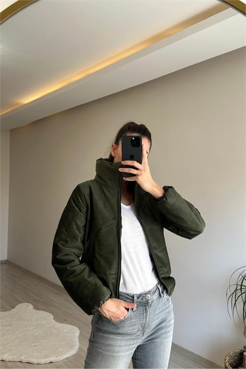 Dipmoda kadın fitilli desen kadife kısa şişme mont NM005
