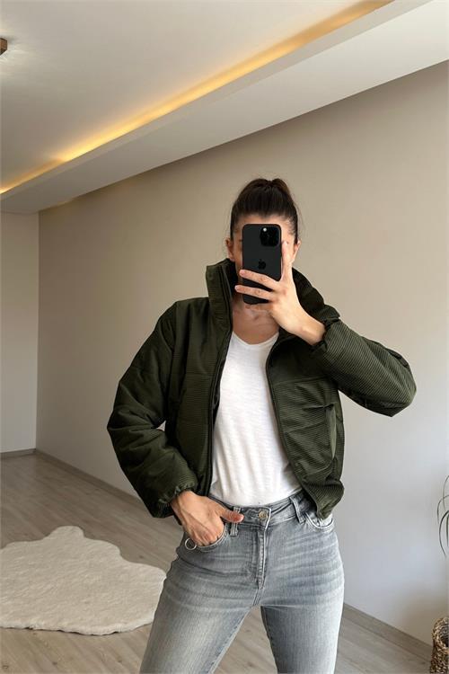 Dipmoda kadın fitilli desen kadife kısa şişme mont NM005