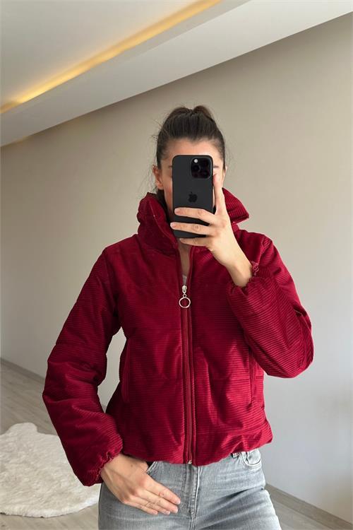 Dipmoda kadın fitilli desen kadife kısa şişme mont NM005