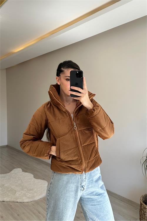 Dipmoda kadın fitilli desen kadife kısa şişme mont NM005