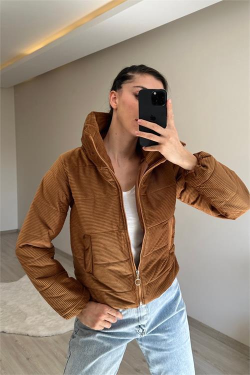 Dipmoda kadın fitilli desen kadife kısa şişme mont NM005