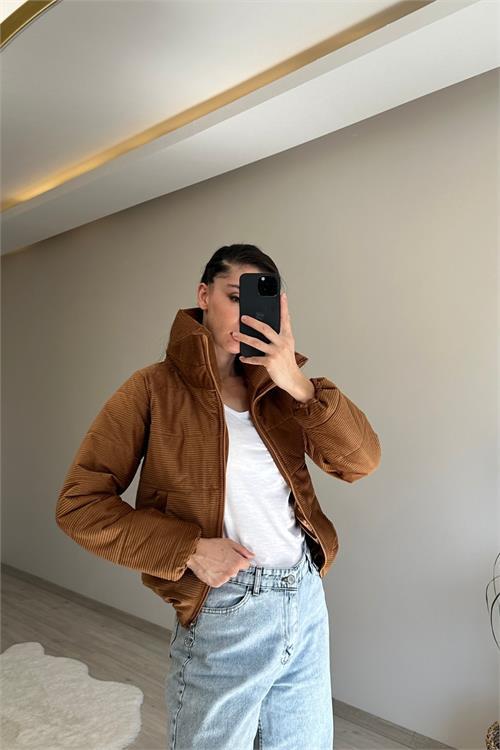 Dipmoda kadın fitilli desen kadife kısa şişme mont NM005