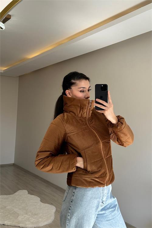 Dipmoda kadın fitilli desen kadife kısa şişme mont NM005