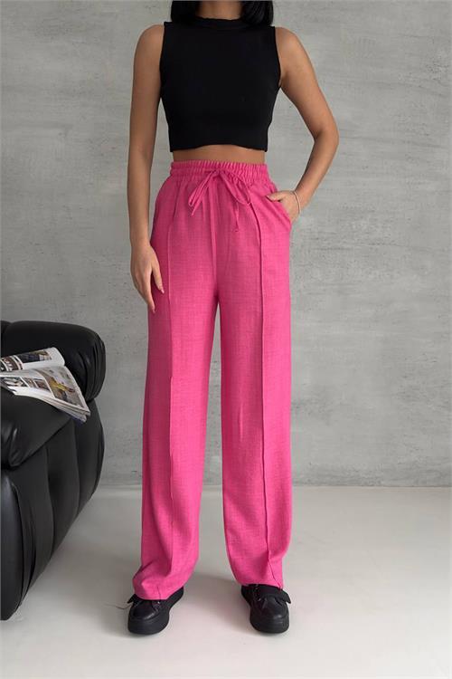 Dipmoda kadın fuşya keten cepli palazzo pantolon NBG002 