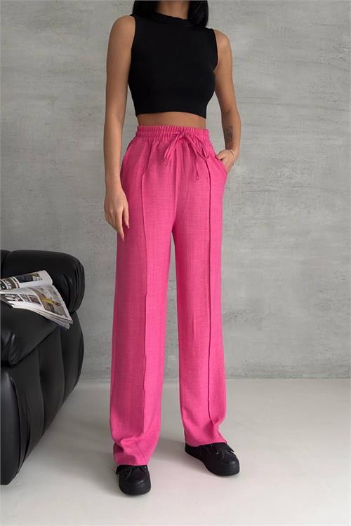 Dipmoda kadın fuşya keten cepli palazzo pantolon NBG002 