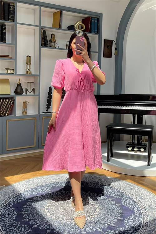 Dipmoda kadın fuşya müslin kumaş yazlık elbise DPMY3753