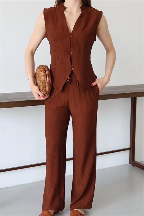 Dipmoda kadın gofre kumaş yelekli takım DPNP013