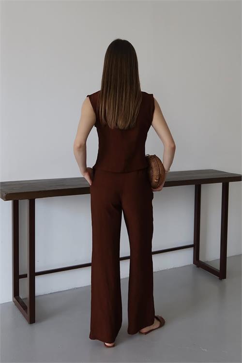 Dipmoda kadın gofre kumaş yelekli takım DPNP013