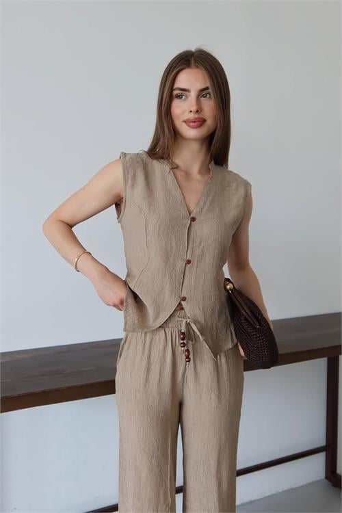 Dipmoda kadın gofre kumaş yelekli takım DPNP013