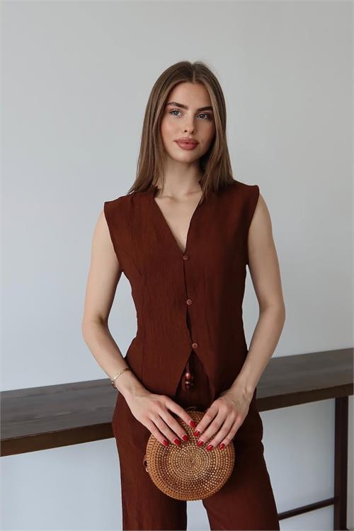 Dipmoda kadın gofre kumaş yelekli takım DPNP013