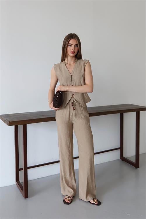 Dipmoda kadın gofre kumaş yelekli takım DPNP013