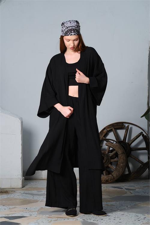 Dipmoda kadın gofreli alt üst kimono takım DPNBDM8066