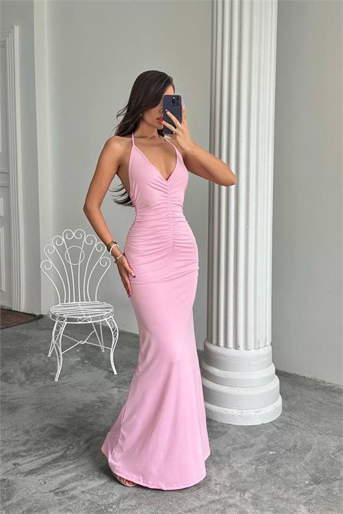 Dipmoda kadın göğüs dekolteli halter yaka maxi elbise DPDF087